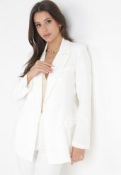 Biała Marynarka z Długimi Rękawami i Ozdobnymi Klapami Kaimas. Białe marynarki i żakiety damskie Born2be, bez wzorów, z tkaniny, eleganckie, bez kołnierzyka, bez ramiączek. Za 109.99 zł.