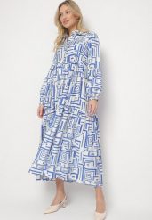 Niebieska Rozkloszowana Sukienka Koszulowa z Wiskozą w Geometryczny Wzór Alineria. Niebieskie sukienki damskie Born2be, na co dzień, l, bez wzorów, z bawełny, eleganckie, bez kołnierzyka, bez ramiączek, maxi, koszulowe. Za 139.99 zł.