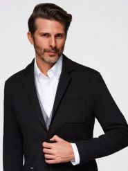 Marynarka męska SLIM z dzianiny o subtelnej strukturze – czarna V2. Czarne marynarki męskie Ombre Clothing, l, bez wzorów, z dzianiny, biznesowe, bez kołnierzyka, bez ramiączek. W wyprzedaży za 314.99 zł.