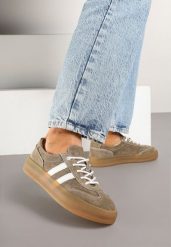 Ciemnobeżowe Sneakersy Klasyczne Tenisówki ze Skóry Naturalnej Alotia. Brązowe trampki i tenisówki damskie Renee, bez wzorów, z jeansu, bez zapięcia. Za 189.99 zł.