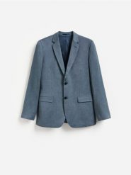 Marynarka slim fit z dodatkiem wiskozy - granatowy. Niebieskie garnitury męskie Reserved, l, bez wzorów, z tkaniny, bez kołnierzyka, bez ramiączek. Za 359.99 zł.