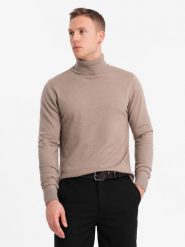 Męski dzianinowy golf z wiskozą – ciemnobeżowy melanż V3 OM-SWTN-0127 - XXL. Brązowe swetry męskie Ombre Clothing, l, bez wzorów, z dzianiny, eleganckie, bez kołnierzyka, bez ramiączek. Za 77.99 zł.