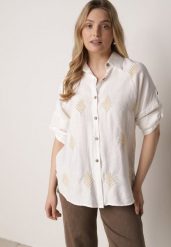 Biała Koszula Boho z Wiskozy z Dłuższym Tyłem i Podpinanymi Rękawami Delmarene. Białe koszule damskie Born2be, l, bez wzorów, z wiskozy, biznesowe, bez kołnierzyka, bez ramiączek. Za 69.99 zł.