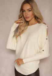 Beżowy Sweter z Wiskozą Ozdobiony Wycięciami na Rękawach Evathia. Brązowe swetry nierozpinane damskie Renee, z aplikacjami, z jeansu, casualowe, bez kołnierzyka, bez ramiączek. Za 79.99 zł.