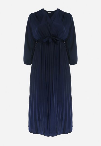 Granatowa Sukienka Maxi z Gumką w Pasie i Kopertowym Dekolcie Bertrama. Niebieskie sukienki damskie Born2be, l, bez wzorów, z materiału, bez kołnierzyka, plus size, bez ramiączek, maxi, kopertowe. Za 129.99 zł.