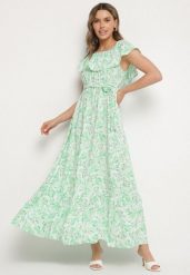 Zielona Sukienka Hiszpanka z Bawełną w Kwiaty Mreova. Zielone sukienki damskie Born2be, na co dzień, l, bez wzorów, z bawełny, eleganckie, bez kołnierzyka, bez ramiączek, maxi, proste. Za 59.99 zł.