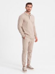 Komplet męski dresowy bluza z kołnierzem polo + spodnie - beżowy V2 - Rozmiar: XXL. Brązowe bluzy męskie Ombre Clothing, m, bez wzorów, z bawełny, bez ramiączek, bez kaptura. W wyprzedaży za 262.49 zł.