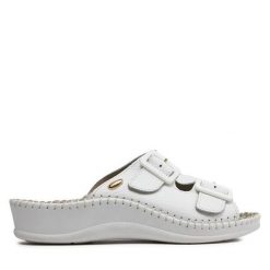 Klapki Scholl. Białe klapki damskie Scholl, bez wzorów, bez obcasa, bez zapięcia. Za 349.99 zł.