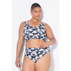 Damski Top od bikini miękkie miseczki nadruk z motywem palm marszczone tasiemki. Czarne bikini Ulla Popken, plus size, bez wzorów, z elastanu. Za 139.99 zł.