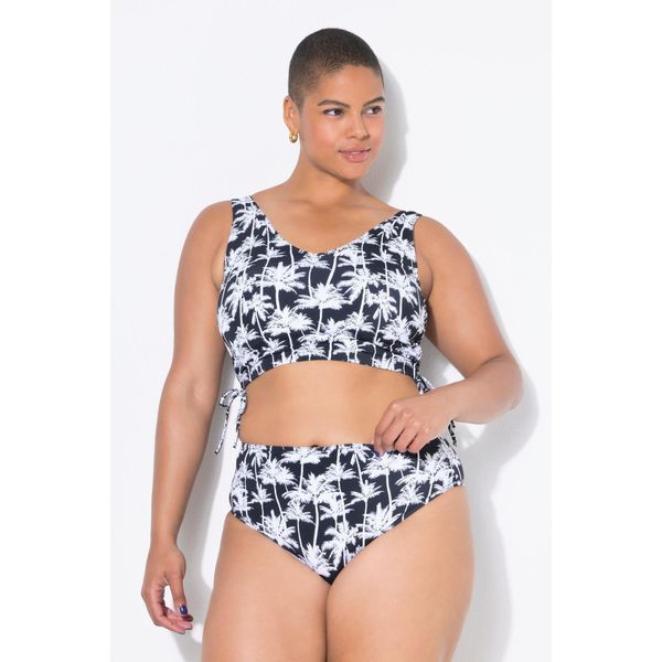Damski Top od bikini miękkie miseczki nadruk z motywem palm marszczone tasiemki. Czarne bikini Ulla Popken, plus size, bez wzorów, z elastanu. Za 139.99 zł.