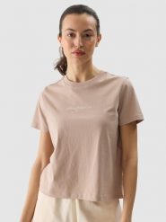 4F T-shirt regular z nadrukiem damski - beżowy S. Brązowe t-shirty damskie 4F, s, bez wzorów, z bawełny, sportowe, bez kołnierzyka, bez ramiączek. W wyprzedaży za 29.99 zł.