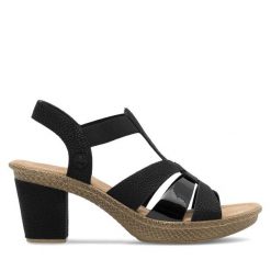 Sandały Rieker. Czarne sandały damskie Rieker, bez wzorów, bez obcasa, na słupku, bez zapięcia. Za 299.99 zł.