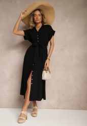 Czarna Bawełniana Sukienka Koszulowa z Wiązanym Paskiem i Krótkim Rękawem Elannoria. Czarne sukienki damskie Renee, na co dzień, m, bez wzorów, z bawełny, eleganckie, bez kołnierzyka, bez ramiączek, maxi, koszulowe. Za 99.99 zł.