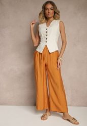 Pomarańczowe Spodnie z Wiskozy High Waist o Szerokim Kroju Divlise. Brązowe spodnie materiałowe damskie Renee, bez wzorów, z jeansu, eleganckie, z podwyższonym stanem. Za 39.99 zł.