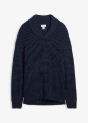 Gruby sweter ze stójką, o strukturze waflowej. Niebieskie swetry męskie bonprix, m, bez wzorów, bez kołnierzyka, bez ramiączek. Za 114.99 zł.