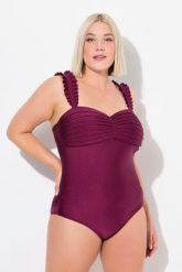 Damski Strój kąpielowy plisy miękkie miseczki ramiączka z regulacją. Fioletowe stroje kąpielowe damskie Ulla Popken, plus size, bez wzorów, z elastanu. Za 201.99 zł.