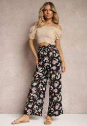 Czarno-Różowe Bawełniane Spodnie Boho w Stylu Palazzo z Gumką w Pasie i Wysokim Stanem Pravia. Czarne spodnie materiałowe damskie Renee, bez wzorów, z bawełny, boho, z podwyższonym stanem. Za 49.99 zł.