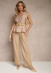 Beżowe Klasyczne Spodnie z Gumką i Sznurkiem w Pasie Ramaya. Brązowe spodnie materiałowe damskie Renee, bez wzorów, z jeansu, eleganckie, z standardowym stanem. Za 39.99 zł.