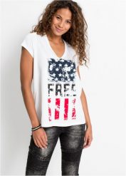 T-shirt z czystej bawełny. Białe t-shirty damskie bonprix, bez wzorów, z bawełny, bez kołnierzyka, bez ramiączek. Za 39.99 zł.