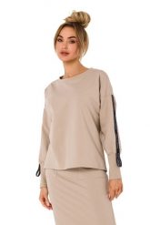 Dresowa Bluza z Lampasami - Beżowa. Brązowe bluzy damskie MOE, l, bez wzorów, z bawełny, bez ramiączek, bez kaptura. Za 217.39 zł.