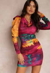 Fuksjowa Sukienka Tie-Dye z Bufiastym Rękawem Arona. Czerwone sukienki damskie Renee, na co dzień, m, bez wzorów, eleganckie, bez kołnierzyka, bez ramiączek, mini, dopasowane. Za 159.99 zł.