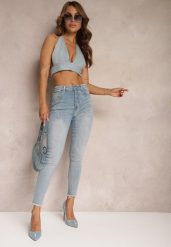 Niebieskie Jeansy o Fasonie Skinny z Postrzępionymi Nogawkami Quinte. Niebieskie jeansy damskie Renee, bez wzorów, z jeansu, eleganckie. Za 99.99 zł.