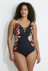 Damskie Strój kąpielowy kwiaty miękkie miseczki ozdobne tasiemki. Czarne stroje kąpielowe damskie Ulla Popken, plus size, bez wzorów, z elastanu. Za 191.99 zł.