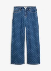 Jeansy wide leg, mid waist. Niebieskie jeansy damskie bonprix, bez wzorów, z jeansu. Za 154.99 zł.
