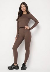 Brązowy Komplet Sportowy Legginsy i Bluzka z Długim Rękawem Toretta. Brązowe legginsy damskie Born2be, m, z aplikacjami, długie, na fitness i siłownię. Za 99.99 zł.