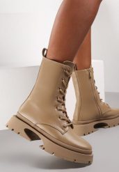 Ciemnobeżowe Botki Workery na Grubej Podeszwie Palua. Brązowe botki damskie Renee, bez wzorów, za kostkę, bez obcasa, na płaskiej podeszwie, bez zapięcia. Za 69.99 zł.