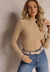 Beżowy Sweter Golf z Ozdobnym Przeszyciem Dayshawn. Brązowe swetry nierozpinane damskie Renee, m, z aplikacjami, z jeansu, eleganckie, bez kołnierzyka, bez ramiączek. Za 99.99 zł.