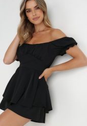 Czarny Kombinezon Rhodosyne. Czarne sukienki damskie Born2be, na imprezę, m, bez wzorów, eleganckie, bez kołnierzyka, bez ramiączek, mini. Za 149.99 zł.