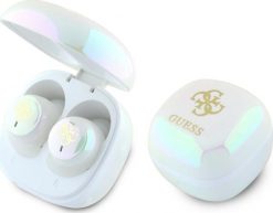 Słuchawki Guess Guess Bluetooth headphones GUTWSJ144ESH TWS + docking station white/white Iridescent 4G Printed Logo. Białe słuchawki bezprzewodowe Guess. Za 138.88 zł.