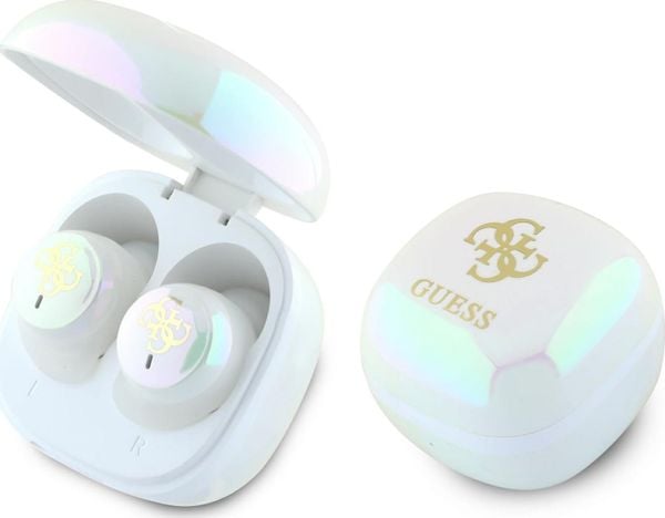 Słuchawki Guess Guess Bluetooth headphones GUTWSJ144ESH TWS + docking station white/white Iridescent 4G Printed Logo. Białe słuchawki bezprzewodowe Guess. Za 138.88 zł.