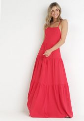Czerwona Maxi Sukienka na Cienkich Ramiączkach z Wiązaniem na Tyle Ozdobiona Falbankami Beatrics. Czerwone sukienki damskie Born2be, l, bez wzorów, bez kołnierzyka, bez ramiączek, maxi. Za 139.99 zł.