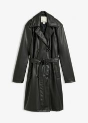Płaszcz z imitacji skóry. Czarne płaszcze damskie bonprix, bez wzorów, ze skóry, bez kołnierzyka, bez kaptura. Za 379.99 zł.