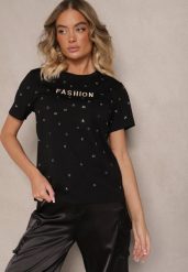 Czarny Bawełniany T-shirt Ozdobiony Napisem i Cyrkoniami Nalavenna. Czarne t-shirty damskie Renee, m, z aplikacjami, z bawełny, bez kołnierzyka, bez ramiączek. Za 39.99 zł.