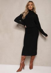 Czarny Komplet z Tłoczonej Dzianiny z Wiskozą Sweter z Półgolfem i Dopasowana Spódnica Atteleia. Czarne swetry nierozpinane damskie Renee, l, z aplikacjami, z dzianiny, eleganckie, bez kołnierzyka, bez ramiączek. Za 159.99 zł.