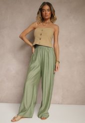 Zielone Spodnie Palazzo High Waist z Szeroką Nogawką i Gumką w Talii Jenarielis. Zielone spodnie materiałowe damskie Renee, bez wzorów, z jeansu, z podwyższonym stanem. Za 69.99 zł.