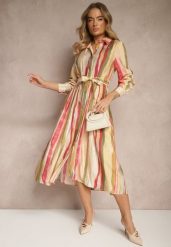Beżowa Sukienka Koszulowa Wiązana w Talii w Paseczki Merilsa. Brązowe sukienki damskie Renee, na co dzień, l, bez wzorów, eleganckie, bez kołnierzyka, bez ramiączek, maxi, koszulowe. Za 119.99 zł.