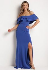 Granatowa Elegancka Sukienka Typu Hiszpanka z Rozkloszowanym Dołem i Wycięciami Tumini. Niebieskie sukienki damskie Born2be, na lato, l, bez wzorów, z dzianiny, eleganckie, bez kołnierzyka, bez ramiączek, maxi, rozkloszowane. Za 169.99 zł.
