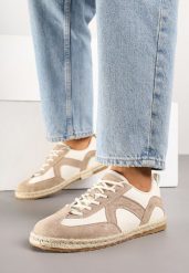 Ciemnobeżowe Sneakersy Kultowe Tenisówki z Podeszwą Zdobioną Plecionką Zarorella. Brązowe trampki i tenisówki damskie Renee, z aplikacjami, z jeansu, bez zapięcia. Za 69.99 zł.
