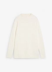 Sweter ze stójką. Białe swetry nierozpinane damskie bonprix, bez wzorów, z bawełny, bez kołnierzyka, bez ramiączek. Za 109.99 zł.