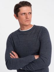 Bawełniany sweter męski z okrągłym dekoltem - granatowy melanż V3 - Rozmiar: XL. Niebieskie swetry męskie Ombre Clothing, m, bez wzorów, z bawełny, klasyczne, bez kołnierzyka, bez ramiączek. W wyprzedaży za 39.99 zł.