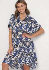 Granatowa Pudełkowa Sukienka Koszulowa z Wiskozy w Ornamentalny Print Vanisse. Niebieskie sukienki damskie Born2be, na co dzień, na lato, l, bez wzorów, z wiskozy, bez kołnierzyka, bez ramiączek, mini, koszulowe. Za 74.99 zł.