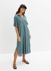 Sukienka koszulowa z kieszeniami. Zielone sukienki damskie bonprix, bez wzorów, bez kołnierzyka, bez ramiączek, maxi, koszulowe. Za 139.99 zł.