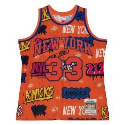 Koszulka z naklejką New York Knicks Swingman 1991/92. Brązowe bluzki damskie Mitchell & Ness, bez wzorów, sportowe, bez kołnierzyka, bez ramiączek. Za 623.00 zł.