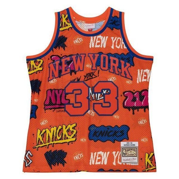 Koszulka z naklejką New York Knicks Swingman 1991/92. Brązowe bluzki damskie Mitchell & Ness, bez wzorów, sportowe, bez kołnierzyka, bez ramiączek. Za 623.00 zł.
