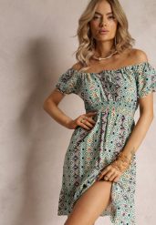 Zielona Mini Rozkloszowana Sukienka o Hiszpańskim Fasonie z Wiskozy Ruzara. Zielone sukienki damskie Renee, m, bez wzorów, z wiskozy, bez kołnierzyka, bez ramiączek, mini, rozkloszowane. Za 44.99 zł.