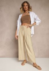 Beżowe Spodnie z Wiskozy High Waist o Szerokim Kroju Divlise. Brązowe spodnie materiałowe damskie Renee, bez wzorów, z jeansu, eleganckie, z podwyższonym stanem. Za 39.99 zł.